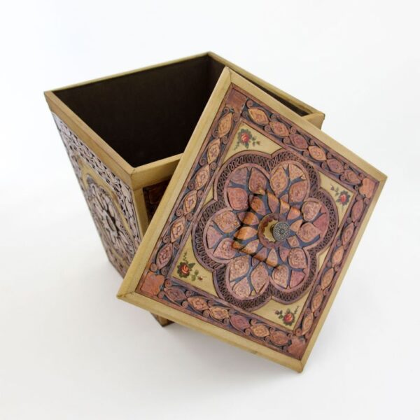 سلة نفايات فاخرة من الجلد والخشب مزخرفة بالفسيفساء