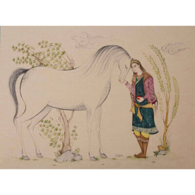 الرسم التصويري منمنمة فارسية الأصلي: ألوان مائية وغواش على الكرتون – الولد والحصان