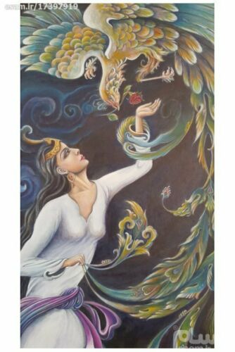 الرسم التصويري منمنمة فارسية الأصلي: أكريليك على الكرتون – الفتاة والفينيق