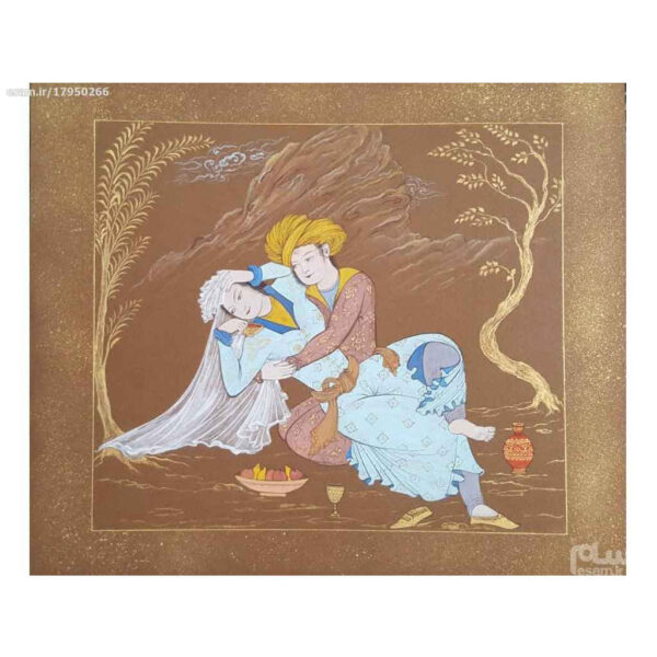 الرسم التصويري منمنمة فارسية صفوي الأصلي: ألوان مائية وغواش على الكرتون - ليلى ومجنون