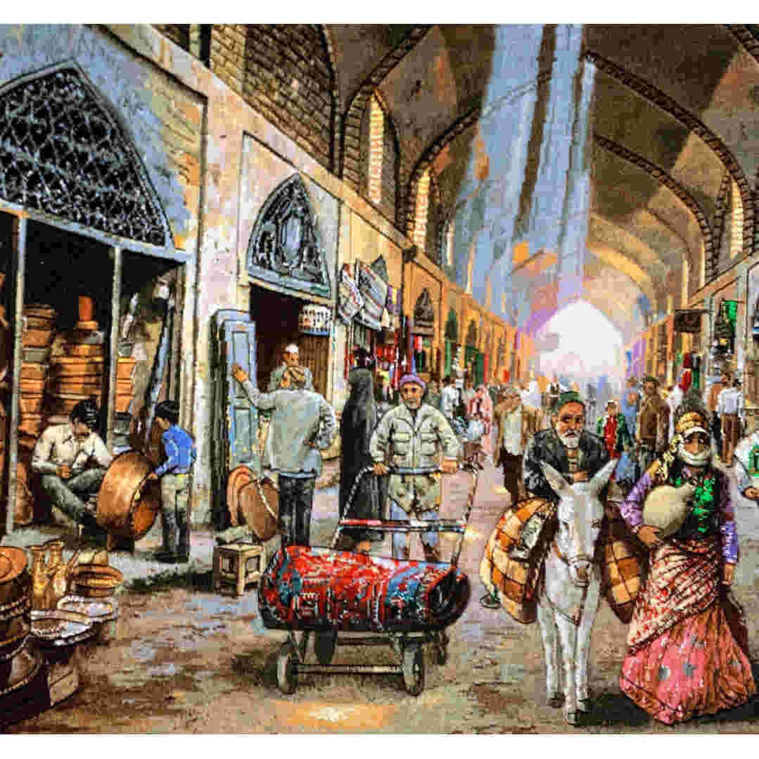 سجادة إيرانية تصويرية محبوكة يدويًا من تبريز تصور حرفيين نحاس