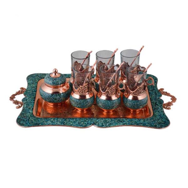 مجموعة شاي وقهوة إيرانية من النحاس المصاغ يدويًا - مرصعة بالفيروز