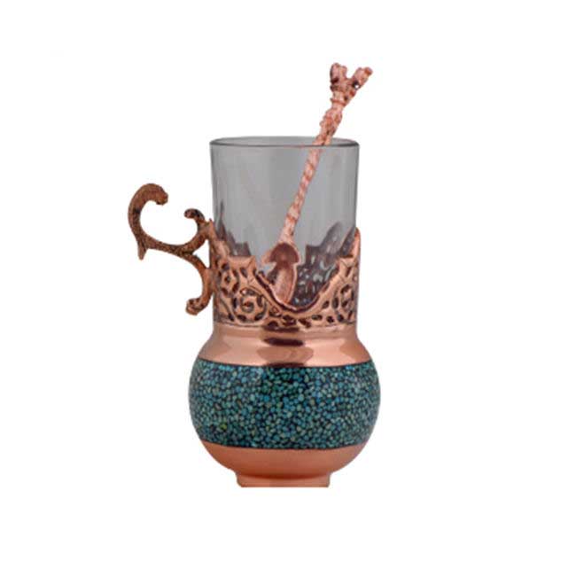 مجموعة شاي وقهوة إيرانية من النحاس المصاغ يدويًا – مرصعة بالفيروز