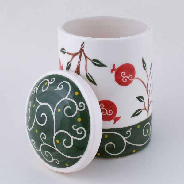 جرة علبة خزف – وعاء يدوي الصنع – مزخرف بنمط الرمان