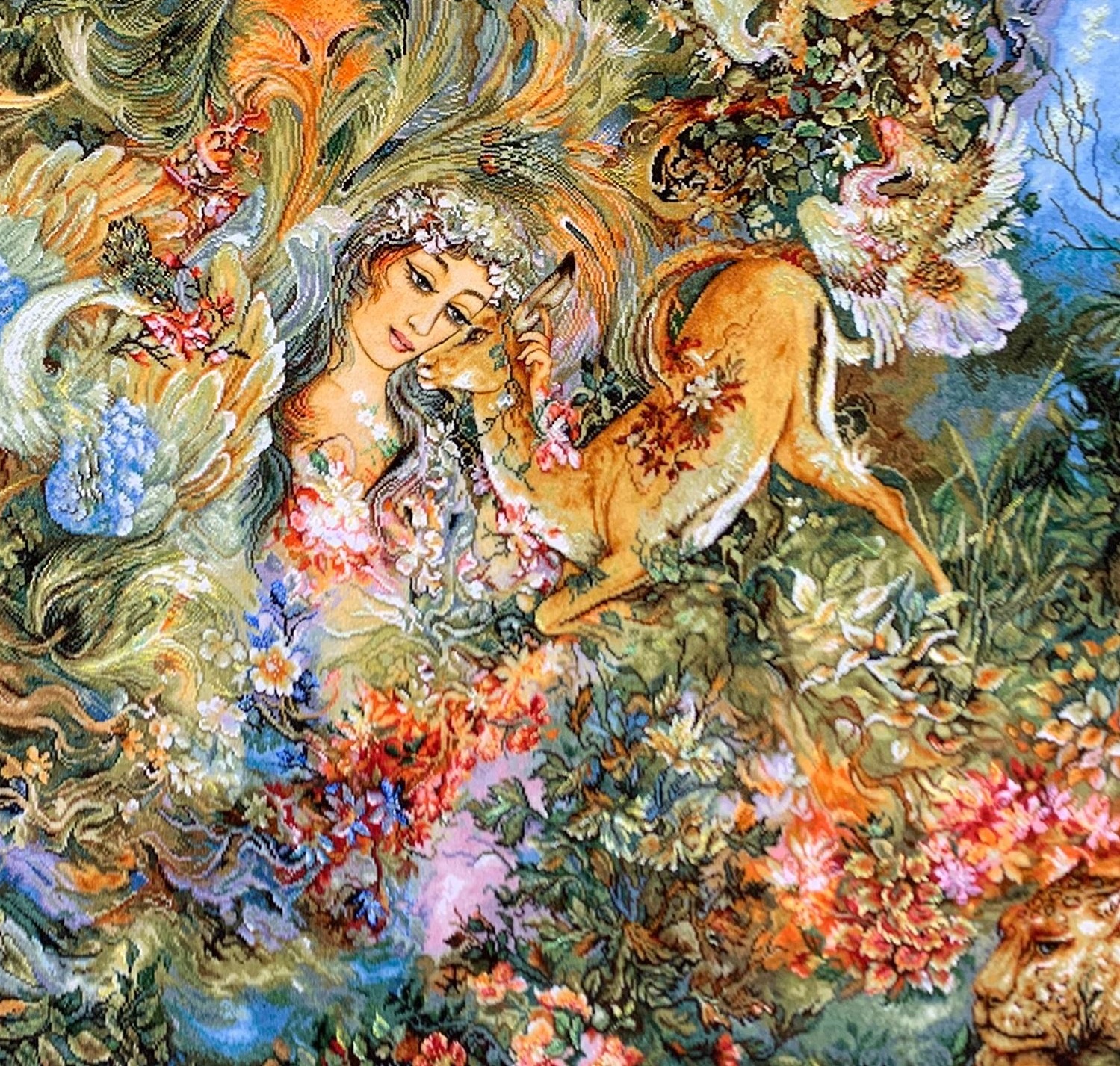 سجادة حائط إيرانية مصنوعة يدوياً من تبريز تصوّر فسيفساء دورة الحياة