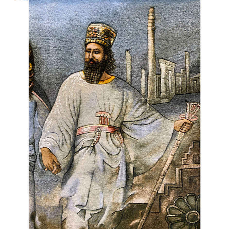 سجادة إيرانية تصويرية محبوكة يدويًا من تبريز تصور كوروش ومندانا