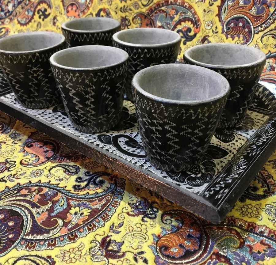 مجموعة شاي وقهوة من الحجر الإيراني المصنوعة يدويًا – محفورة توران