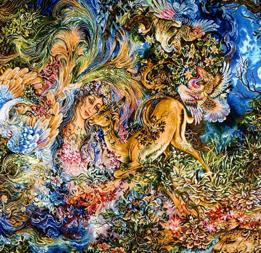 سجادة حائط إيرانية مصنوعة يدوياً من تبريز تصوّر فسيفساء الطبيعة