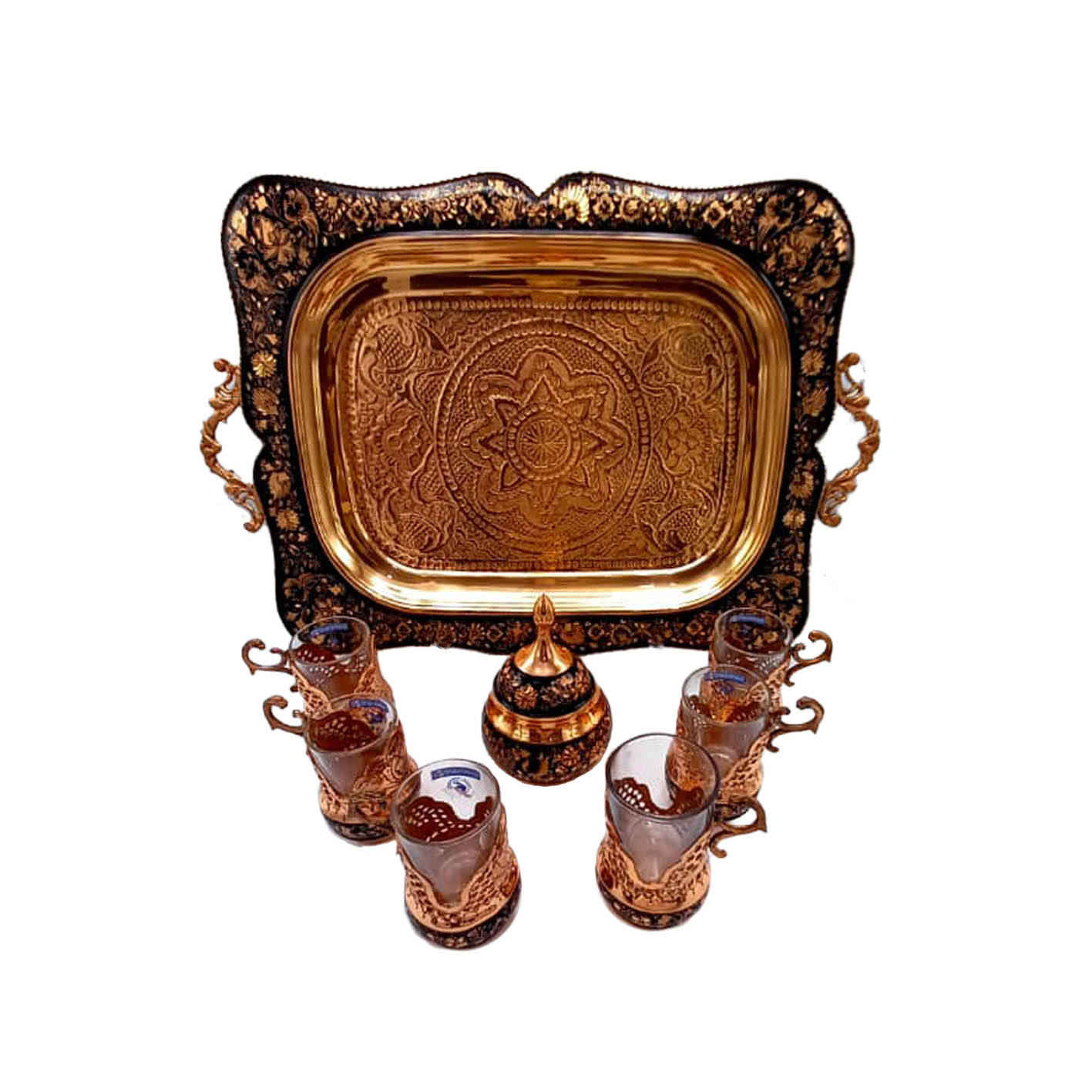 مجموعة شاي وقهوة إيرانية من النحاس المصاغ يدويًا – منقوشة