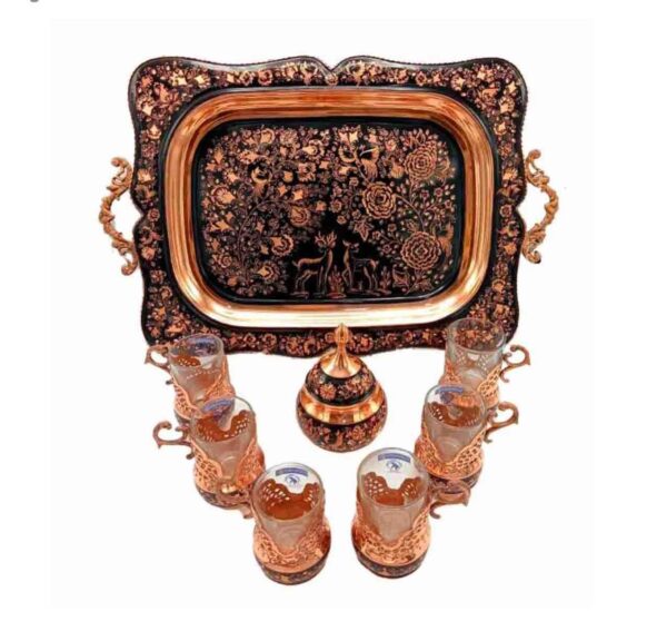 مجموعة شاي وقهوة إيرانية من النحاس المصاغ يدويًا - منقوشة باللوكس