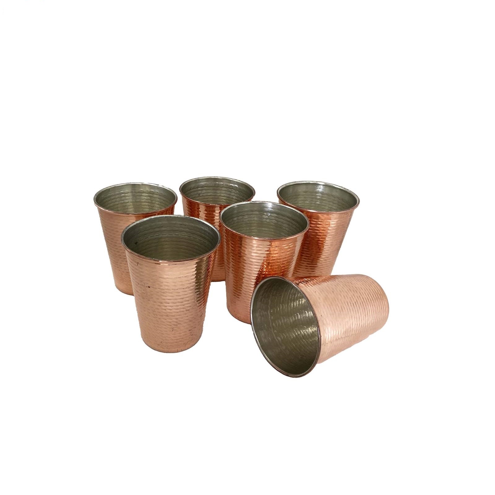 مجموعة من 6 أكواب نحاس إيراني مصنوعة يدويًا بمقابض للمشروبات الباردة – مطرزة بطريقة حكاكي