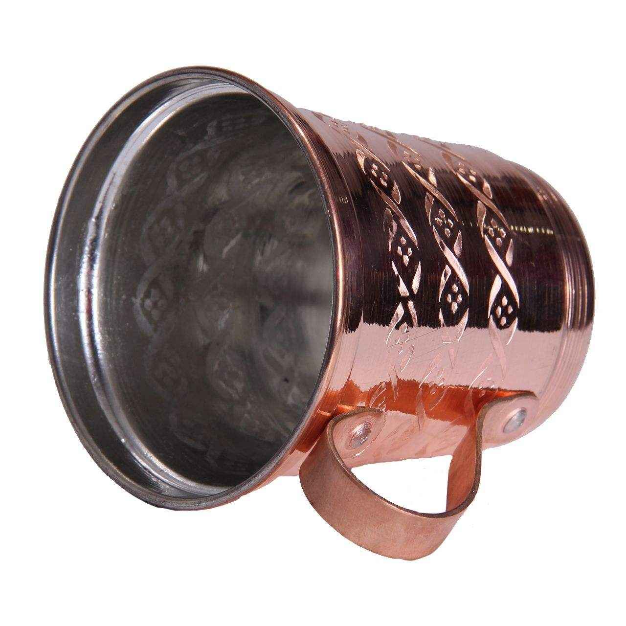 مجموعة من 6 أكواب نحاس إيراني مصنوعة يدويًا بمقابض للمشروبات الباردة – مطرزة بطريقة آوا