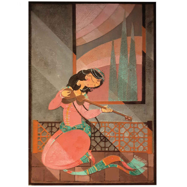 الرسم التصويري المائي المجرد الفارسي الصغير الأصلي - فتاة موسيقية إيرانية مع سيتار