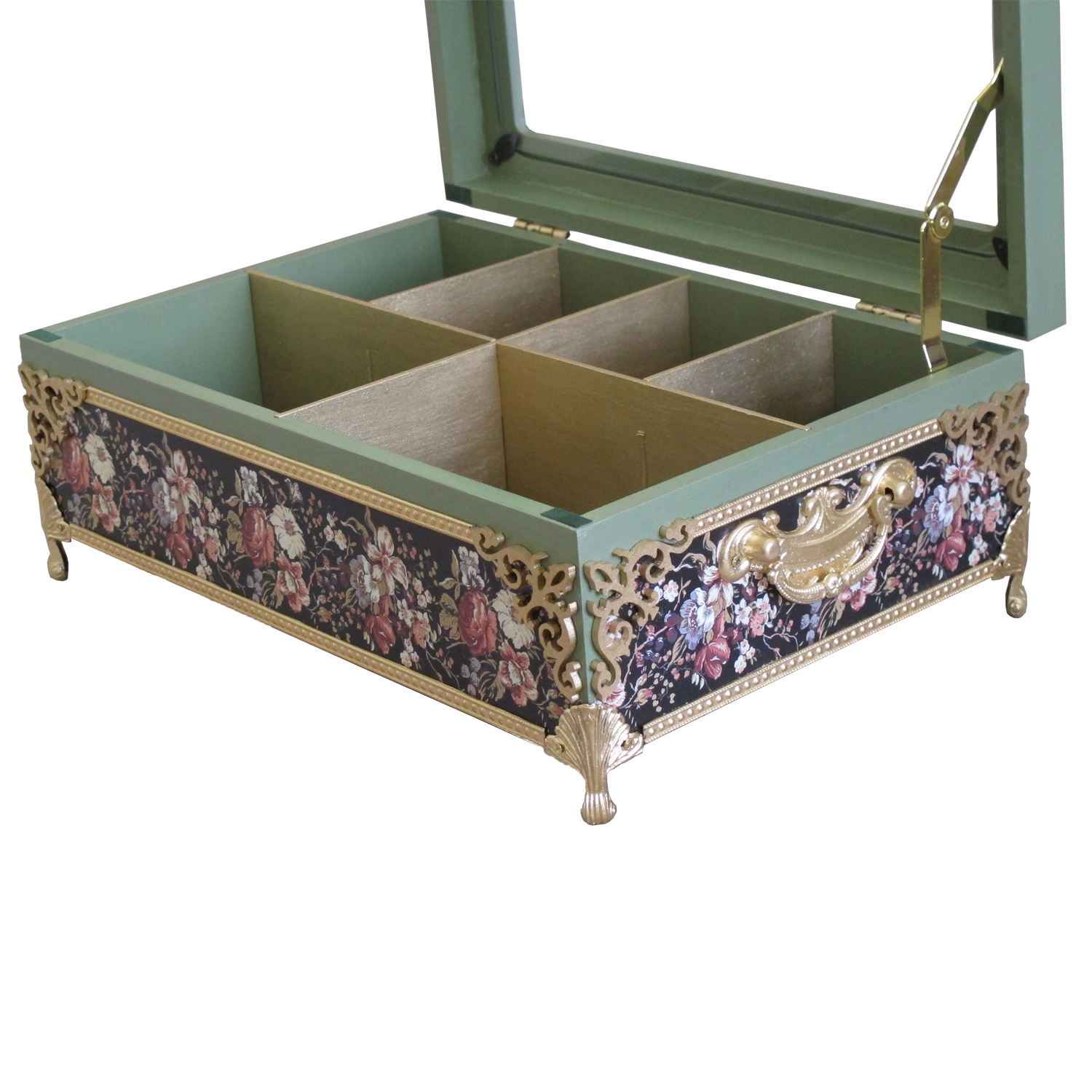 صندوق منظم لأكياس الشاي الخشبية مع صدور أزرق