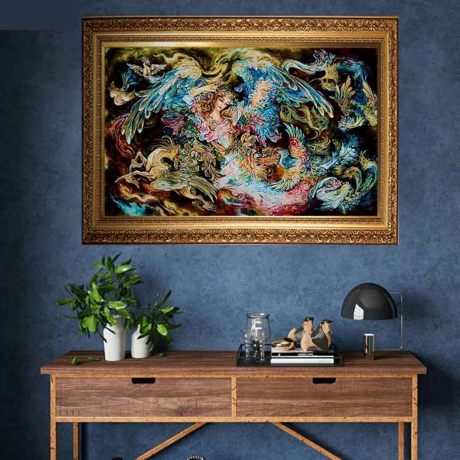 سجادة حائط إيرانية مصنوعة يدوياً من تبريز تصوّر فسيفساء السيمرغ