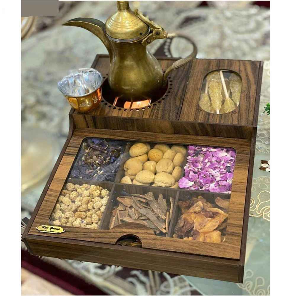 صندوق منظم لأكياس الشاي الخشبية مع مسخن نسكافيه