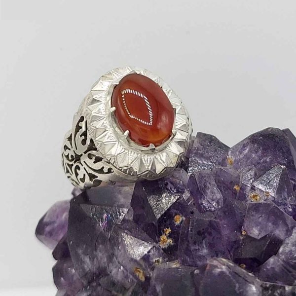 حلقة فضية إيرانية من العقيق اليمني للرجال - تها