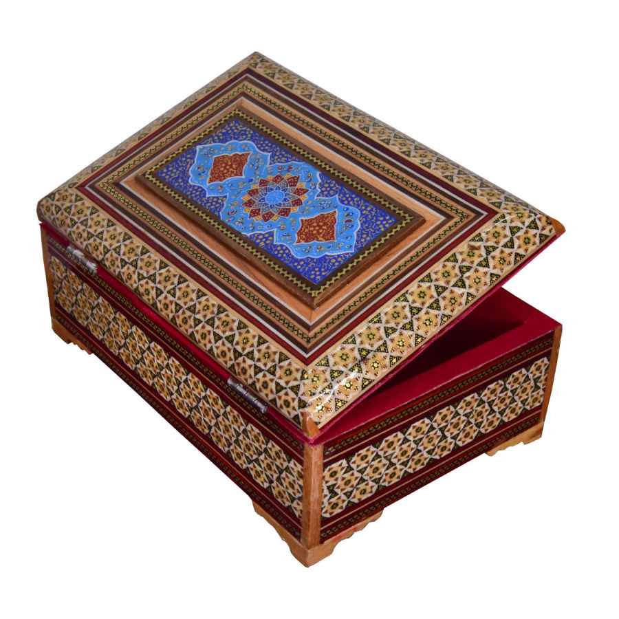 صندوق مجوهرات خشبي مصنوع يدويًا بتصميم ختام إيراني – براق
