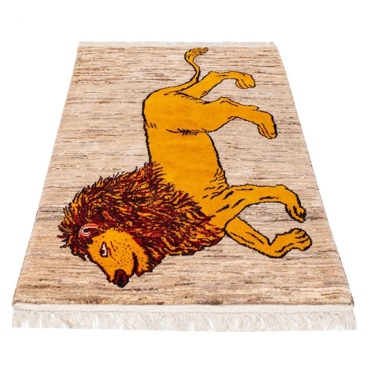 سجاد جابيه إيراني من الصوف محبوك يدويًا برموز حيوانية أسد ذهبي