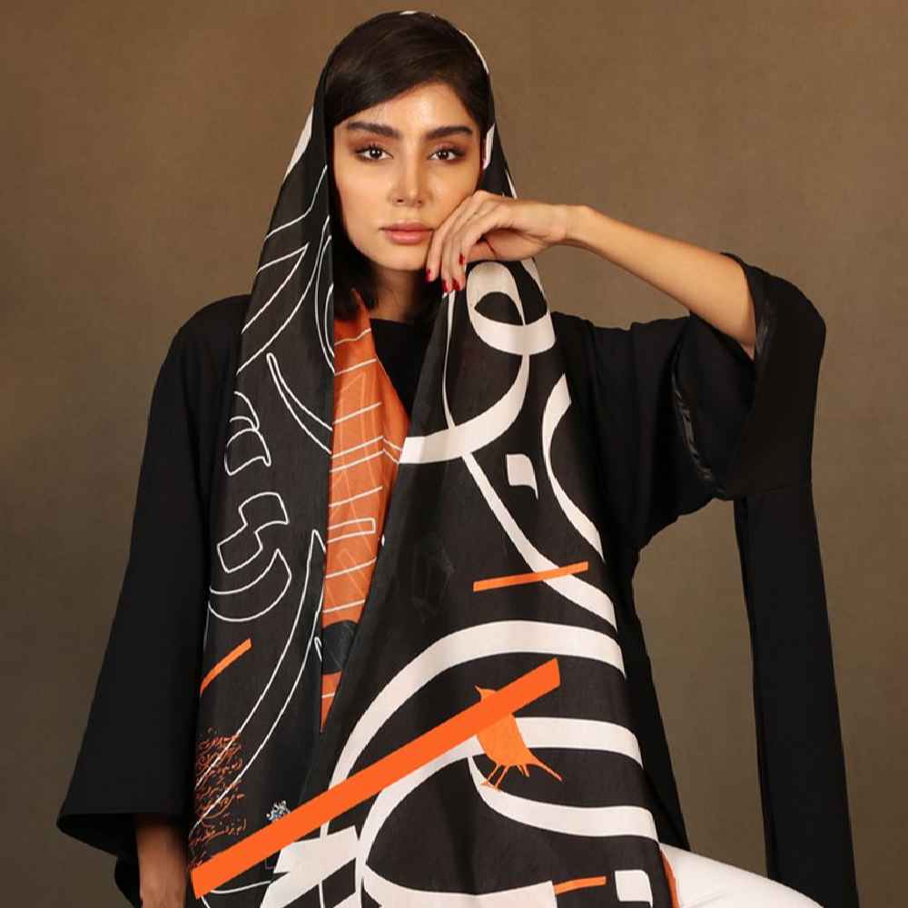 وشاح إيراني مطبوع من الحرير مزدوج الوجهين بنقش خط فني شعر