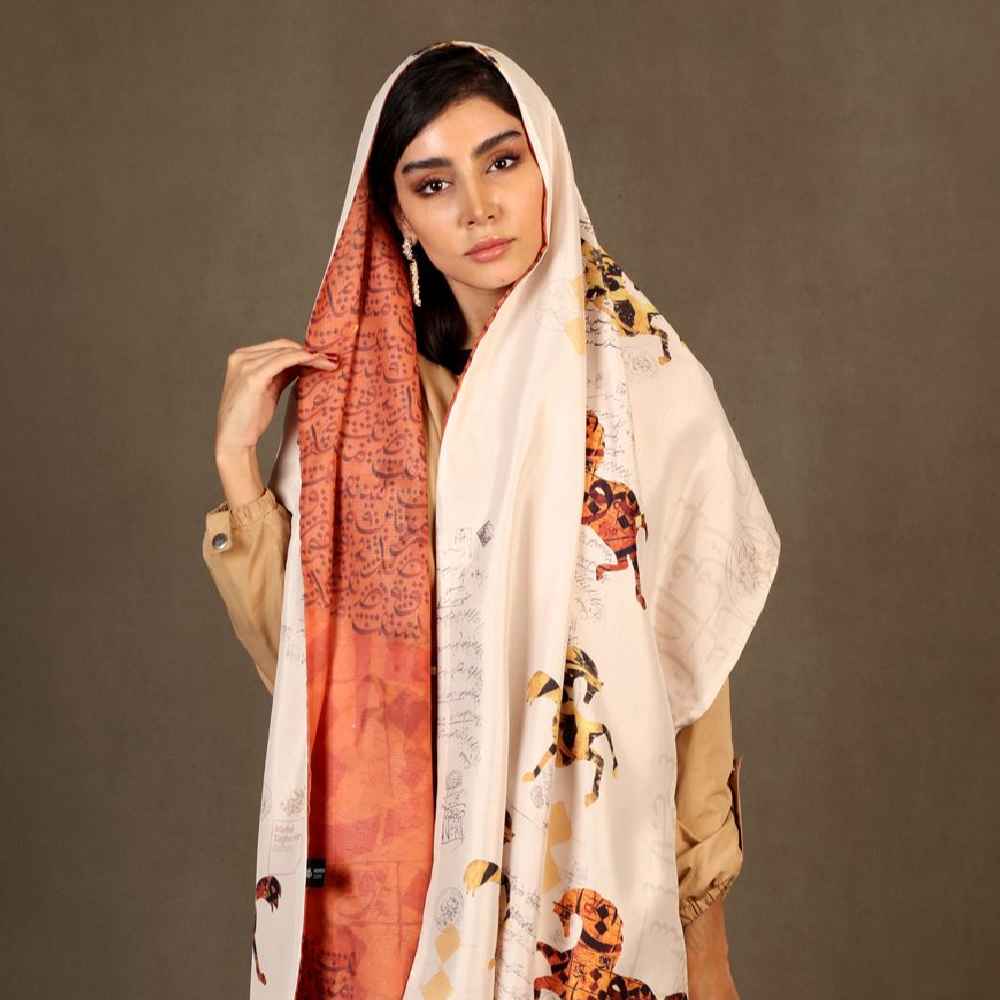 وشاح إيراني مطبوع من الحرير مزدوج الوجهين بنقش خط فني نسيم