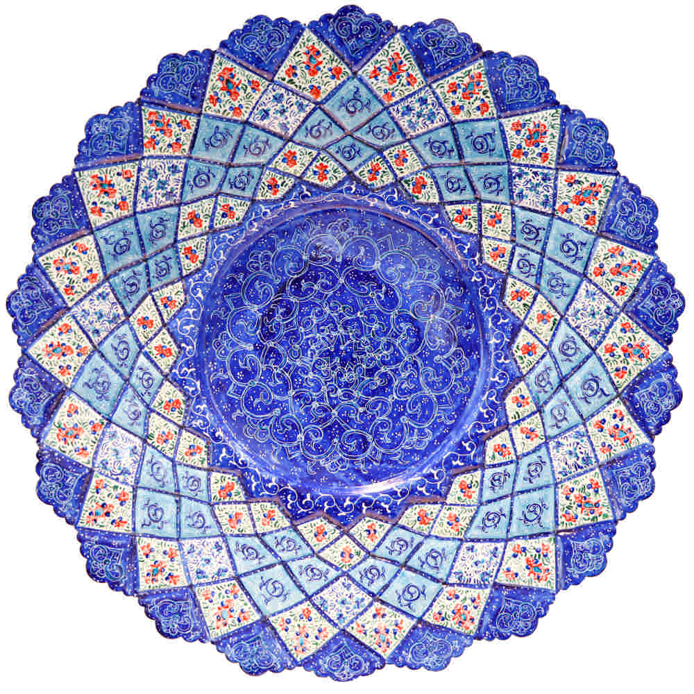 وعاء نحاسي زخرفي وصحن مرسوم يدويًا بميناكاري إيراني بالإيميل الأزر