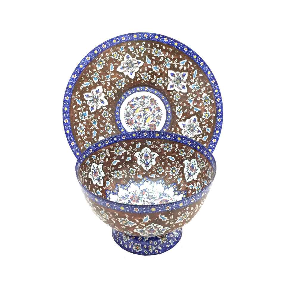 وعاء نحاسي زخرفي وصحن مرسوم يدويًا بميناكاري إيراني بالإيميل الريحان