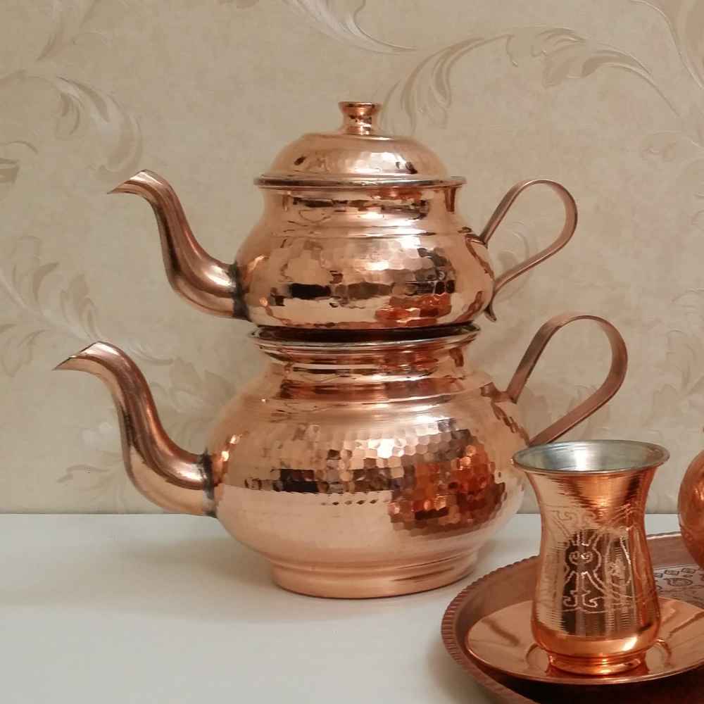 إبريق شاي نحاسي مزدوج مطروق إيراني متين رايان