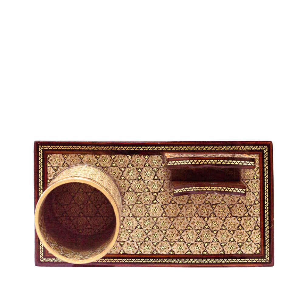 حامل قلم خشبي إيراني مصنوع يدويًا للمكتب – فن خاتمكاري الأنيق، آرزو