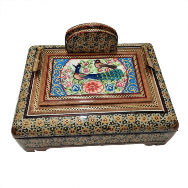 حامل قلم خشبي إيراني مصنوع يدويًا للمكتب - فن خاتمكاري الأنيق، طيور