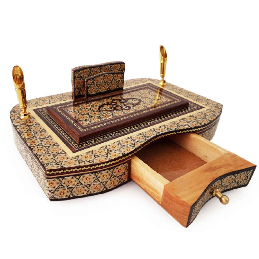 حامل قلم خشبي إيراني مصنوع يدويًا للمكتب – فن خاتمكاري الأنيق، فخامة