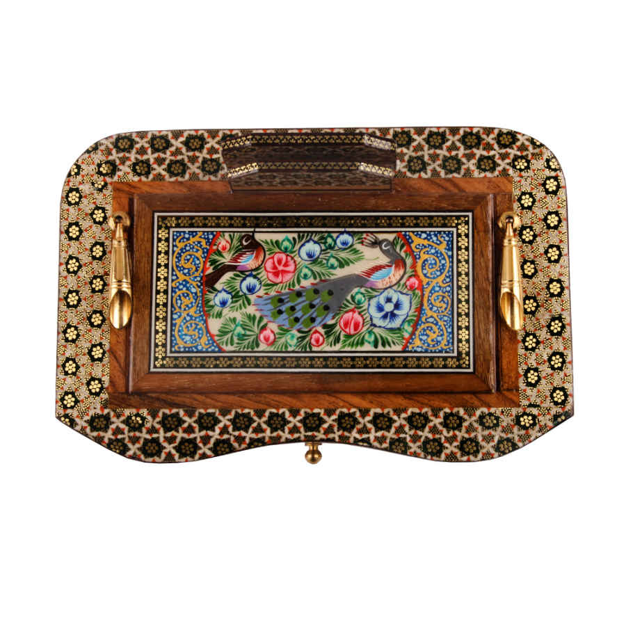 حامل قلم خشبي إيراني مصنوع يدويًا للمكتب – فن خاتمكاري الأنيق، طاووس