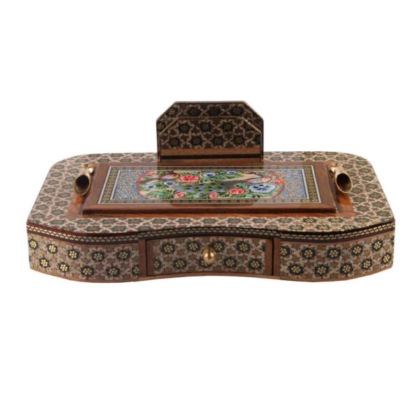 حامل قلم خشبي إيراني مصنوع يدويًا للمكتب - فن خاتمكاري الأنيق، طاووس