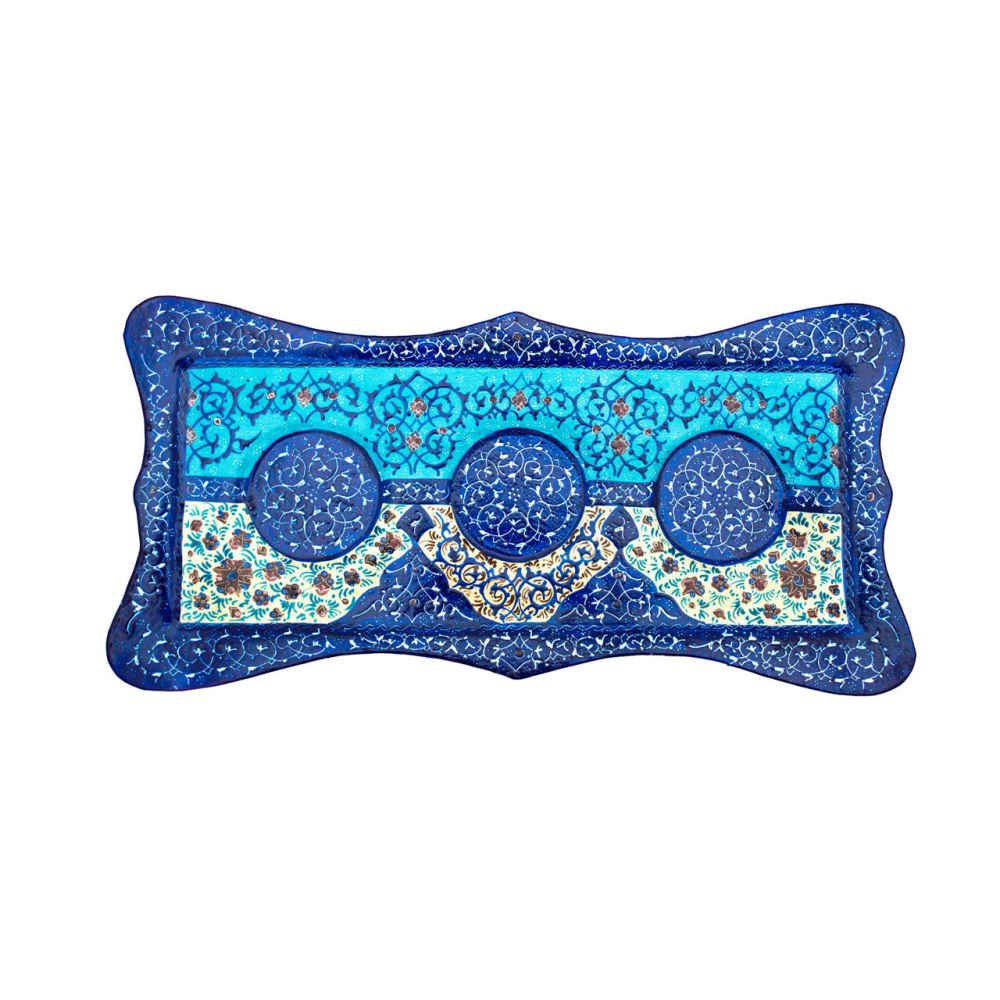 مجموعة شاي وقهوة إيرانية من النحاس المصاغ يدويًا – مطلي بالميناكاري الأزرق شميم