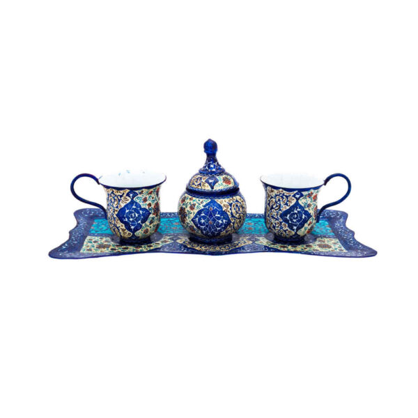 مجموعة شاي وقهوة إيرانية من النحاس المصاغ يدويًا - مطلي بالميناكاري الأزرق شميم