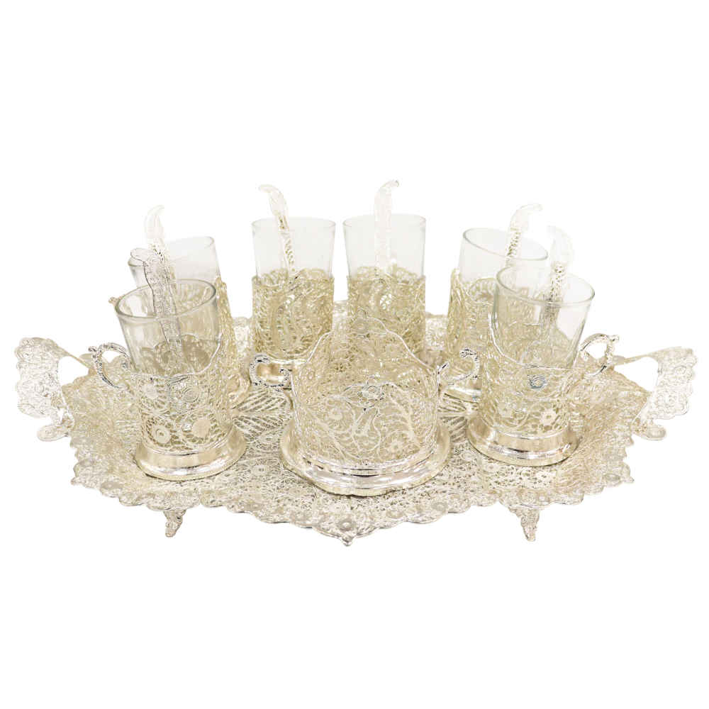 مجموعة شاي وقهوة فارسية مصاغة يدويًا بتقنية الفيليجري – مطلية بالفضة نفس