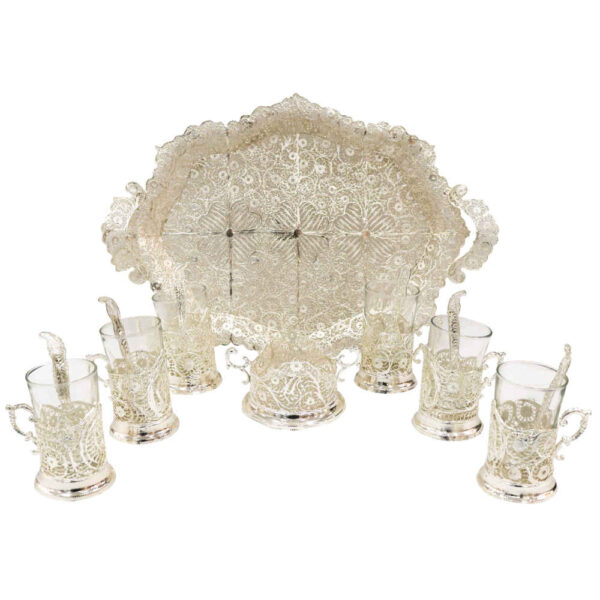 مجموعة شاي وقهوة فارسية مصاغة يدويًا بتقنية الفيليجري - مطلية بالفضة نفس