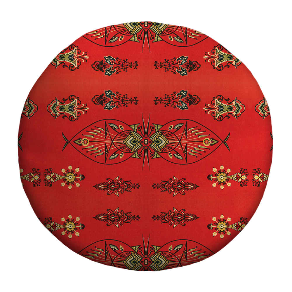 مقعد قدم دائري من المخمل بأرجل خشبية مستوحى من الفن الإيراني – أحمر أزار