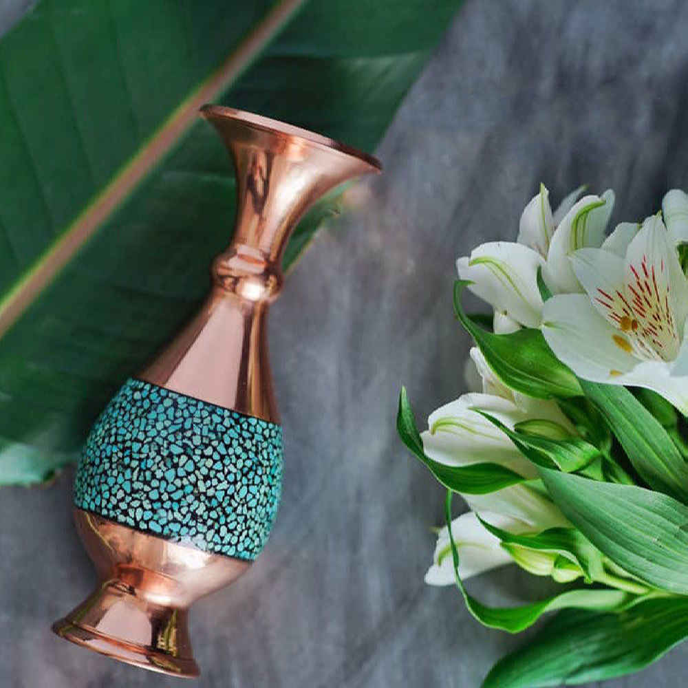 مزهرية إيرانية مطروقة ومزينة بالتركواز الزخرفية يدويًا إلهام