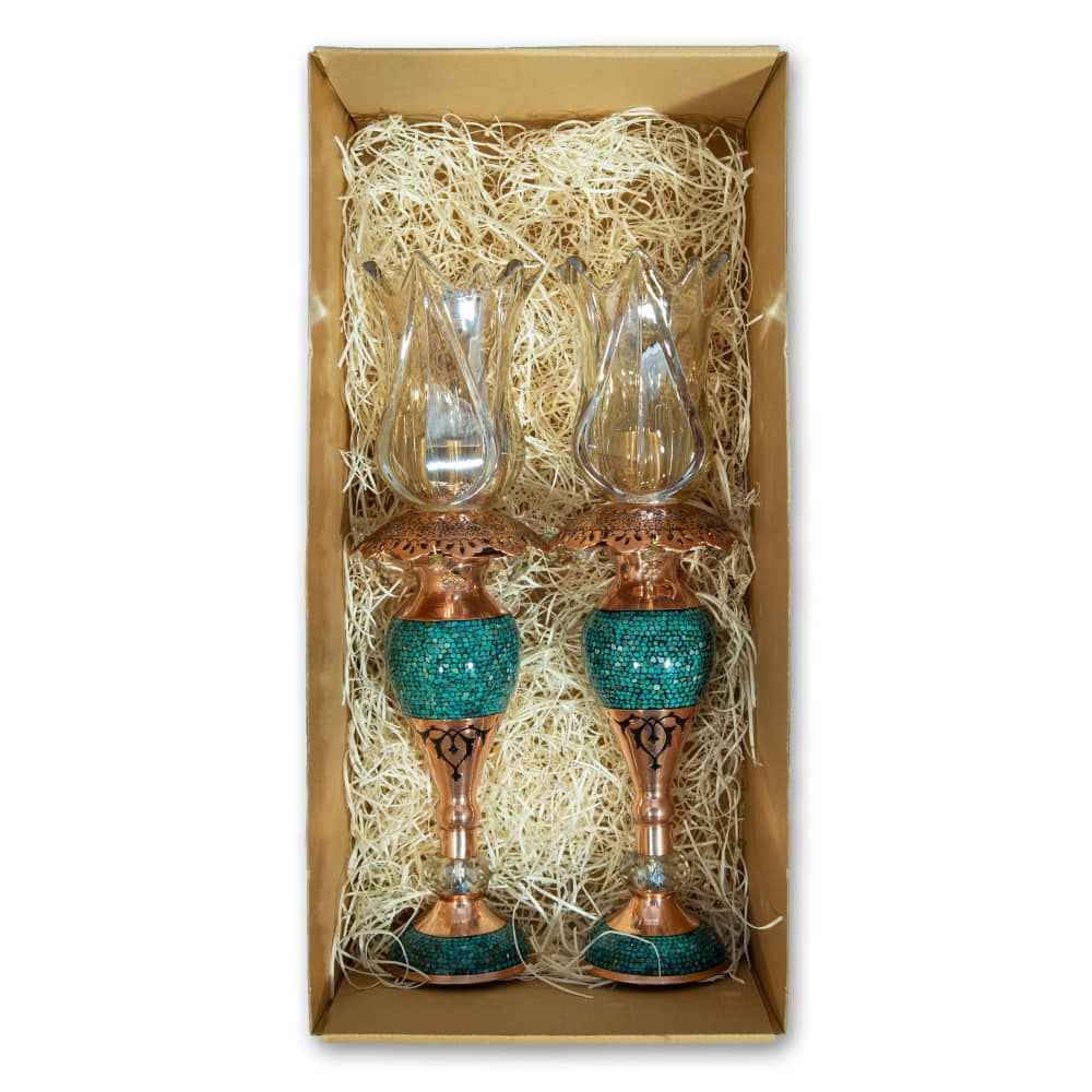 شمعدان نحاسي مصنوع يدويًا بتركيب تركواز خلاب حلما (2x)