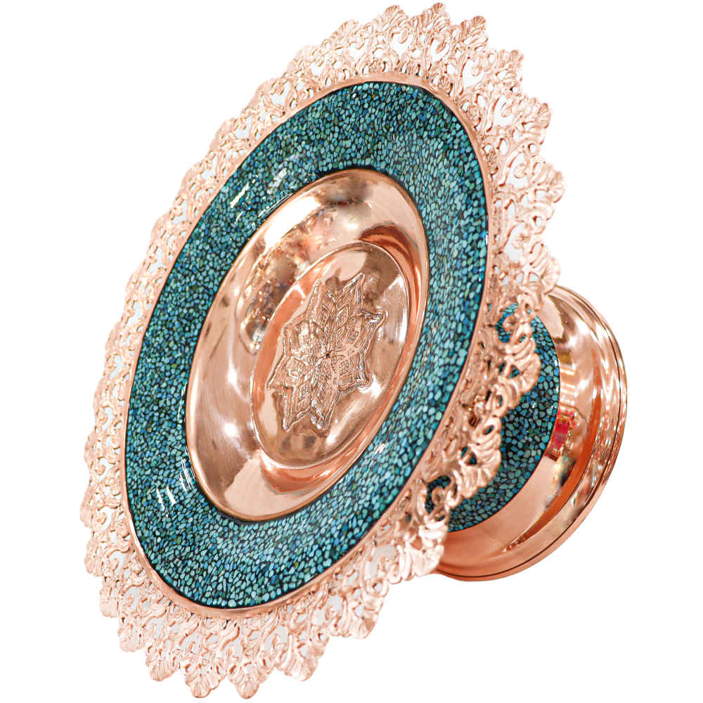 طبق نحاسي مزخرف بتطعيم الفيروز مع قاعدة – موديل ألما