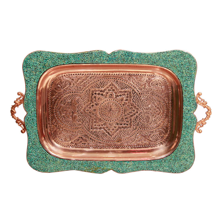 مجموعة شاي وقهوة إيرانية من النحاس المصاغ يدويًا – مرصعة بالفيروز إلينا