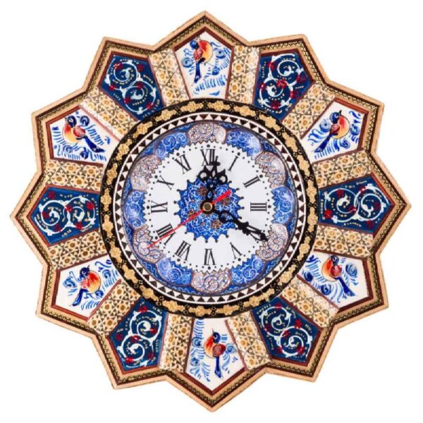 ساعة حائط إيرانية خشبية يدوية - فن خاتم، نيل