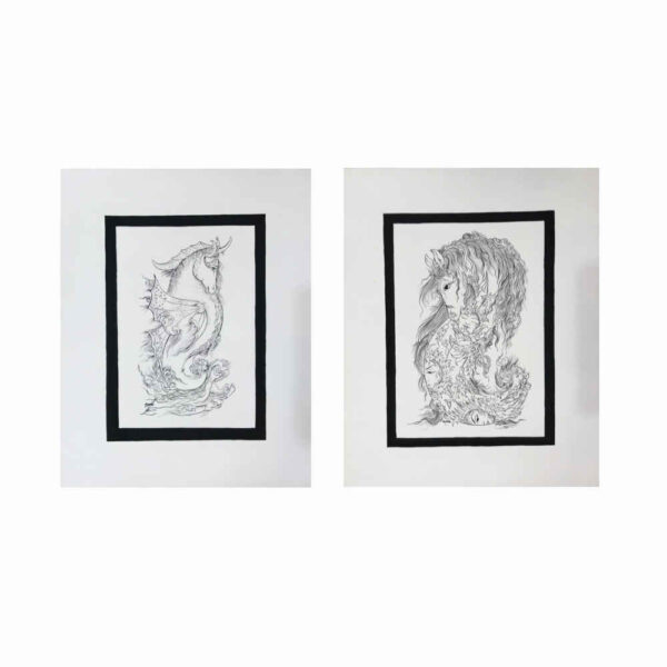 مجموعة من 2 رسوم فنية إيرانية منمنمة فارسية الأصلي: ألوان مائية - الحصان