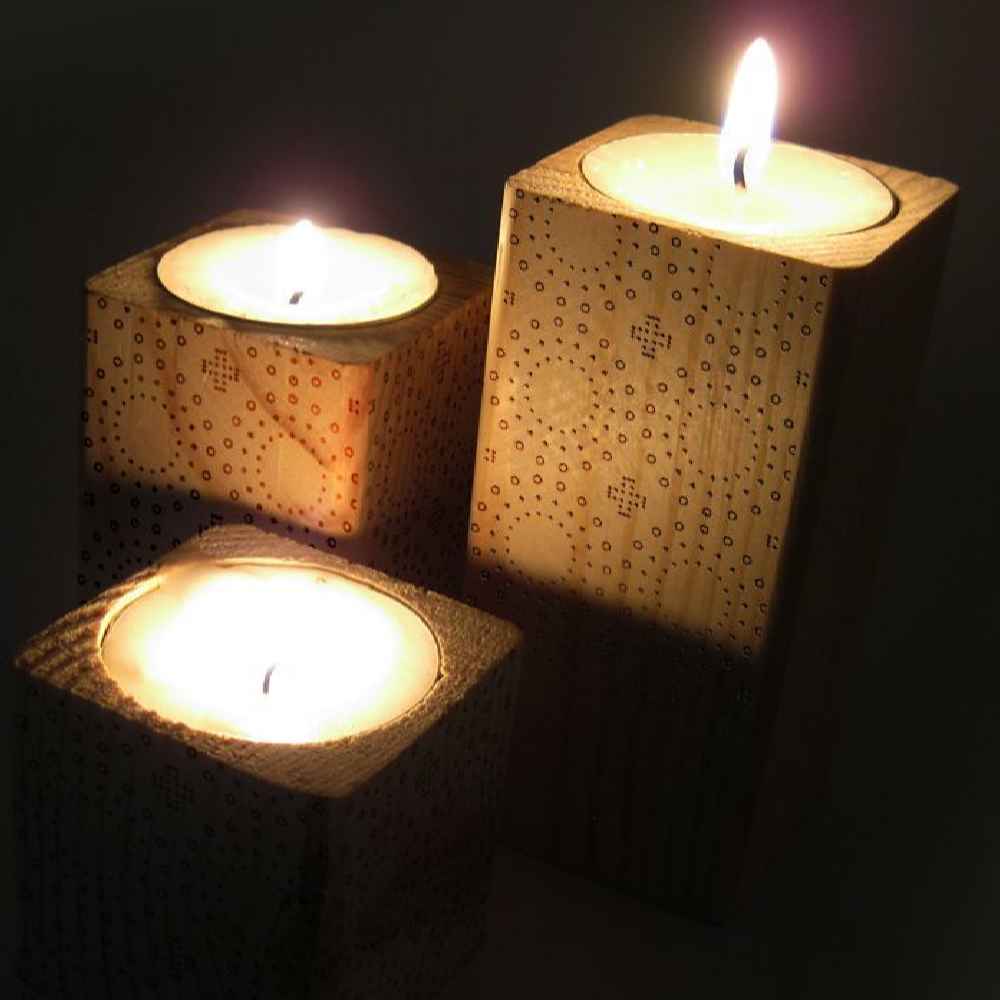 مجموعة حامل شمعة تيلايت مكعب خشبي صلب 3 قطع / ديكو