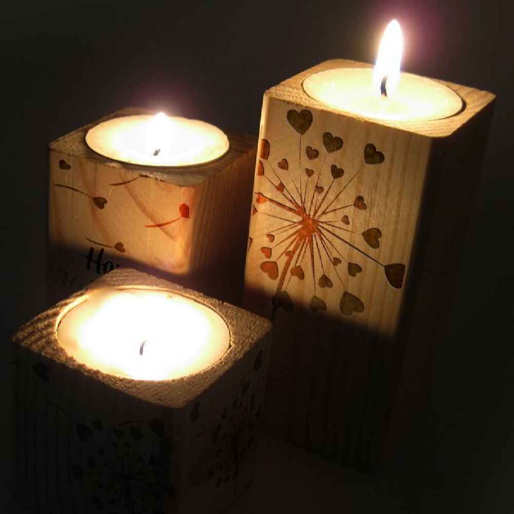 مجموعة حامل شمعة تيلايت مكعب خشبي صلب 3 قطع / أمل