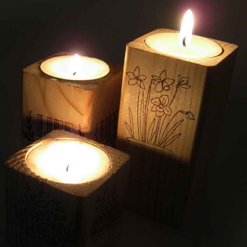 مجموعة حامل شمعة تيلايت مكعب خشبي صلب 3 قطع / حياة