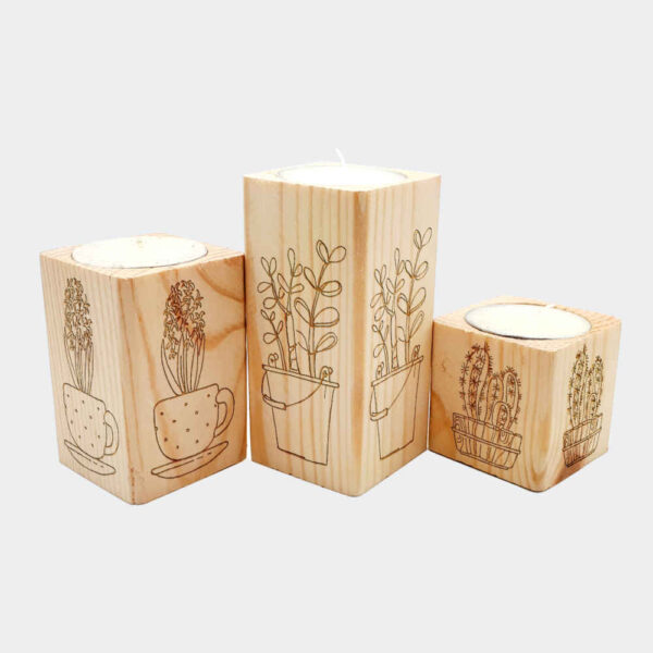 مجموعة حامل شمعة تيلايت مكعب خشبي صلب 3 قطع / مزهرية