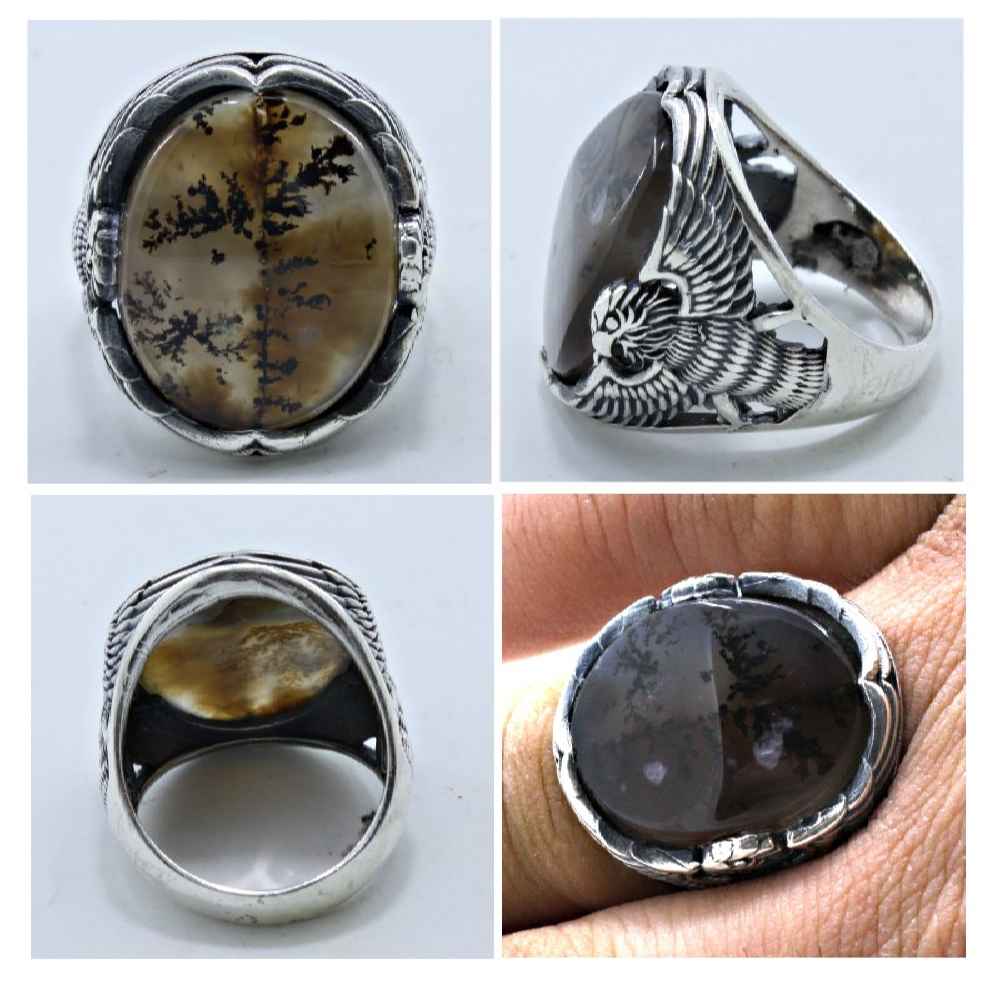 حلقة فضية إيرانية من العقيق الشجري للرجال – سرو