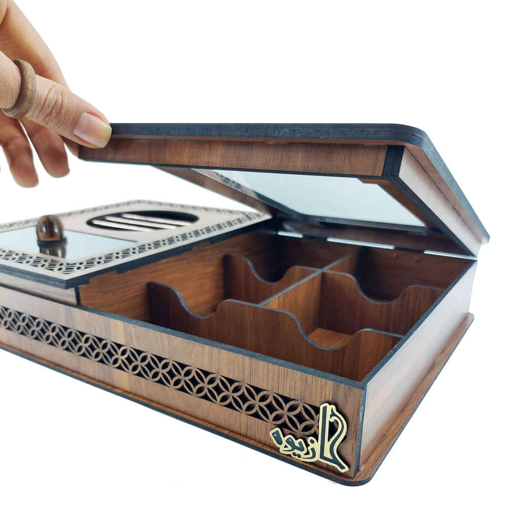 صندوق منظم لأكياس الشاي الخشبية مع مسخن عفراء